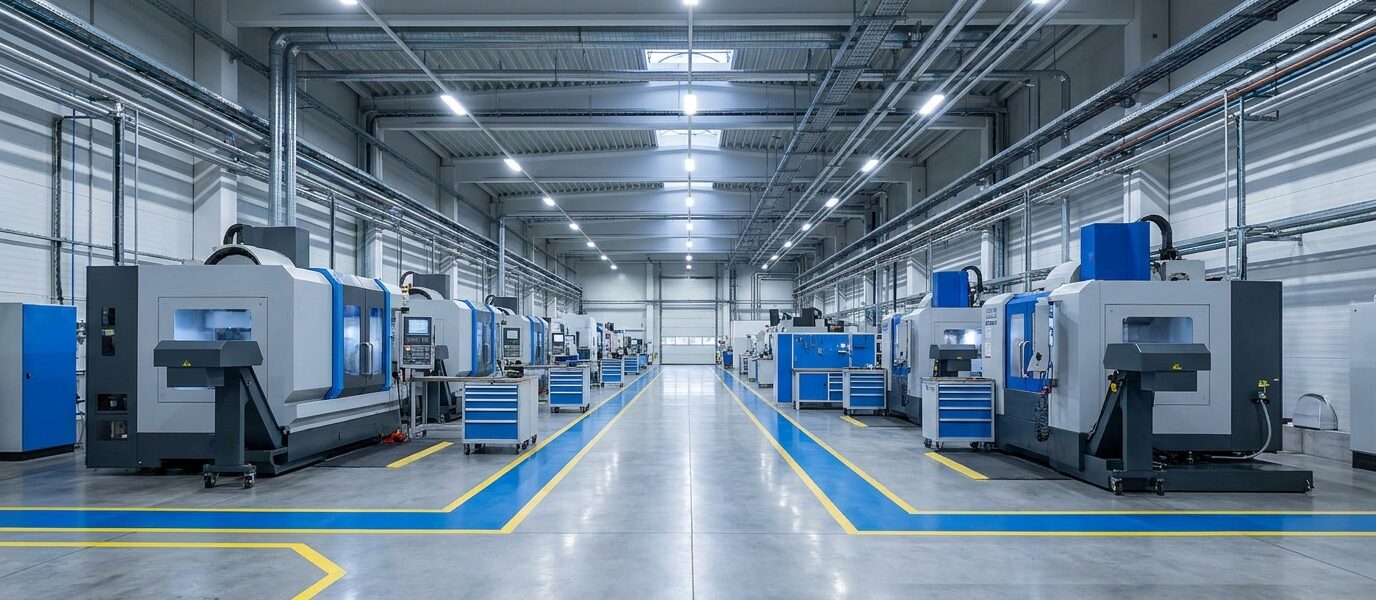 Blick in eine Produktionshalle mit Maschinen und Rohrleitungen